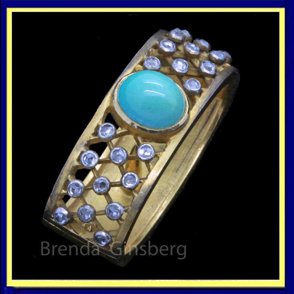 Antique Nouveau Scarf Ring Gold Platinum Turquoise Diamonds French