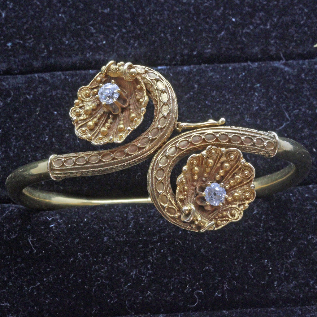 Antique Etruscan Revival Victorian Bangle Bracelet 14k Gold Diamonds USA (7053)