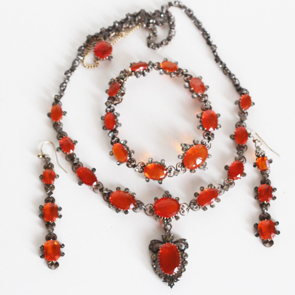 Antique Edwardian Fire Opal Set Necklace Bracelet Earrings Royal Warrant (5977)