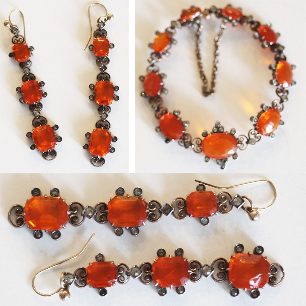 Antique Edwardian Fire Opal Set Necklace Bracelet Earrings Royal Warrant (5977)