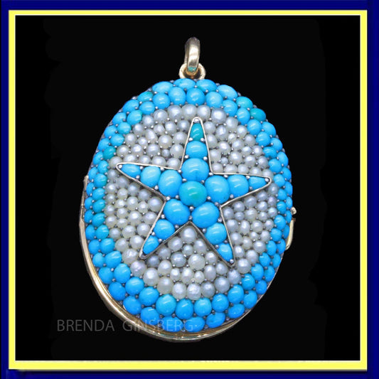 Antique Victorian Locket Pendant Gold Natural Pearls Turquoise Star French (7108)