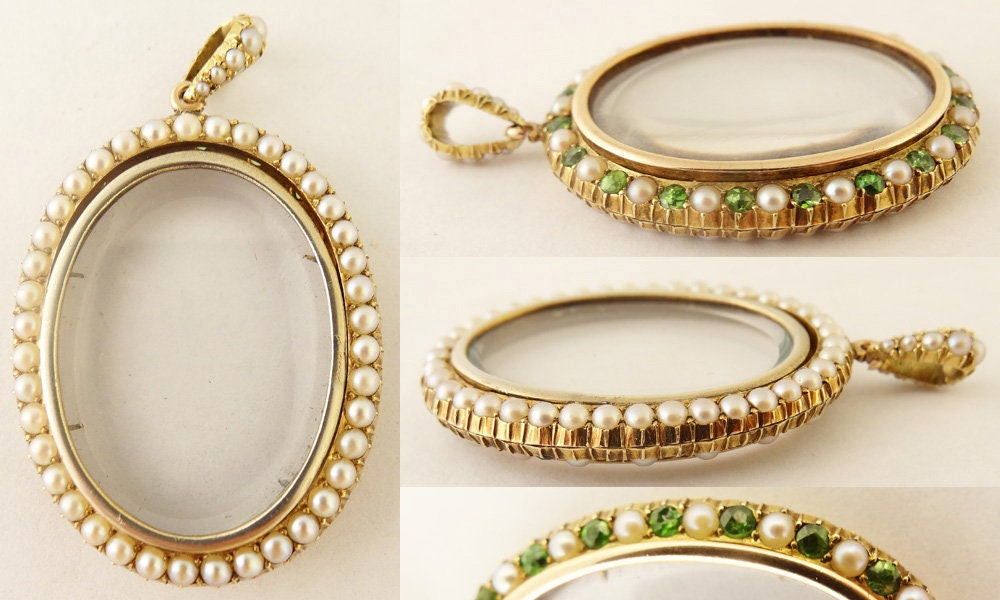 Antique Victorian Locket Pendant Gold Demantoid Garnet Pearls Appraisal (5414)