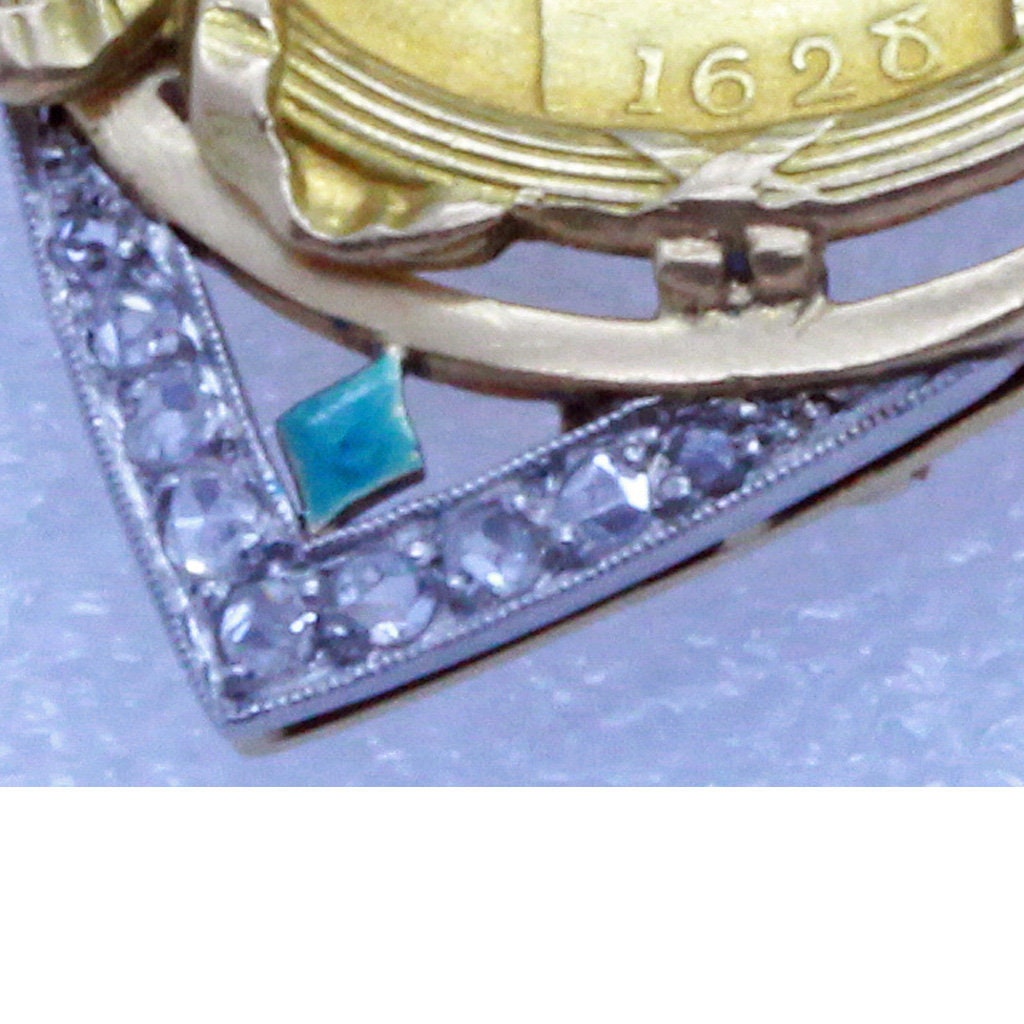Antique Brooch Pendant Angel 18k Gold Platinum Diamonds Enamel Signed (7099)