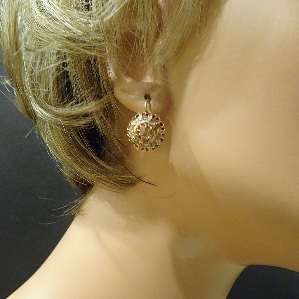 Antique Earrings 14k Gold Rose-cut Diamonds Russian St Petersburg (7113)