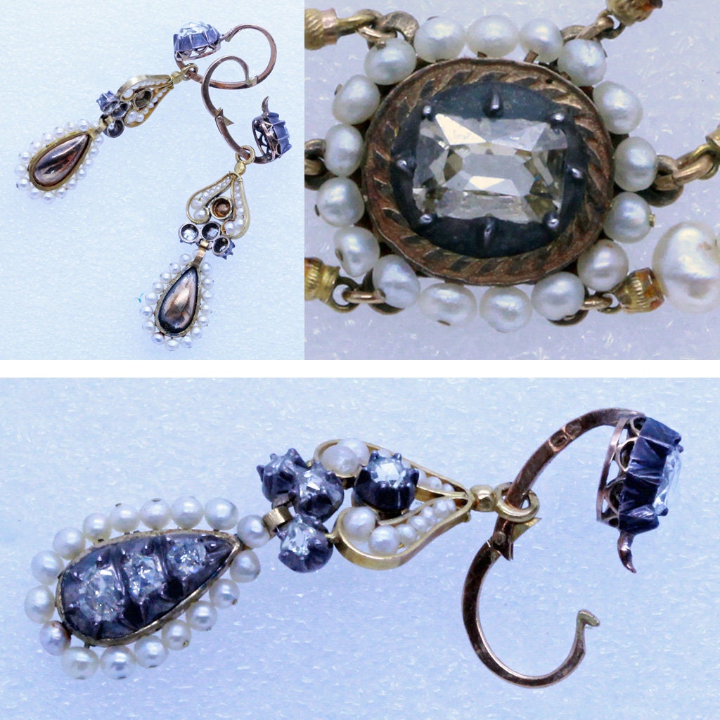 Georgian Set Earrings Necklace 18k Gold Diamonds Pearls French Bridal (7098)