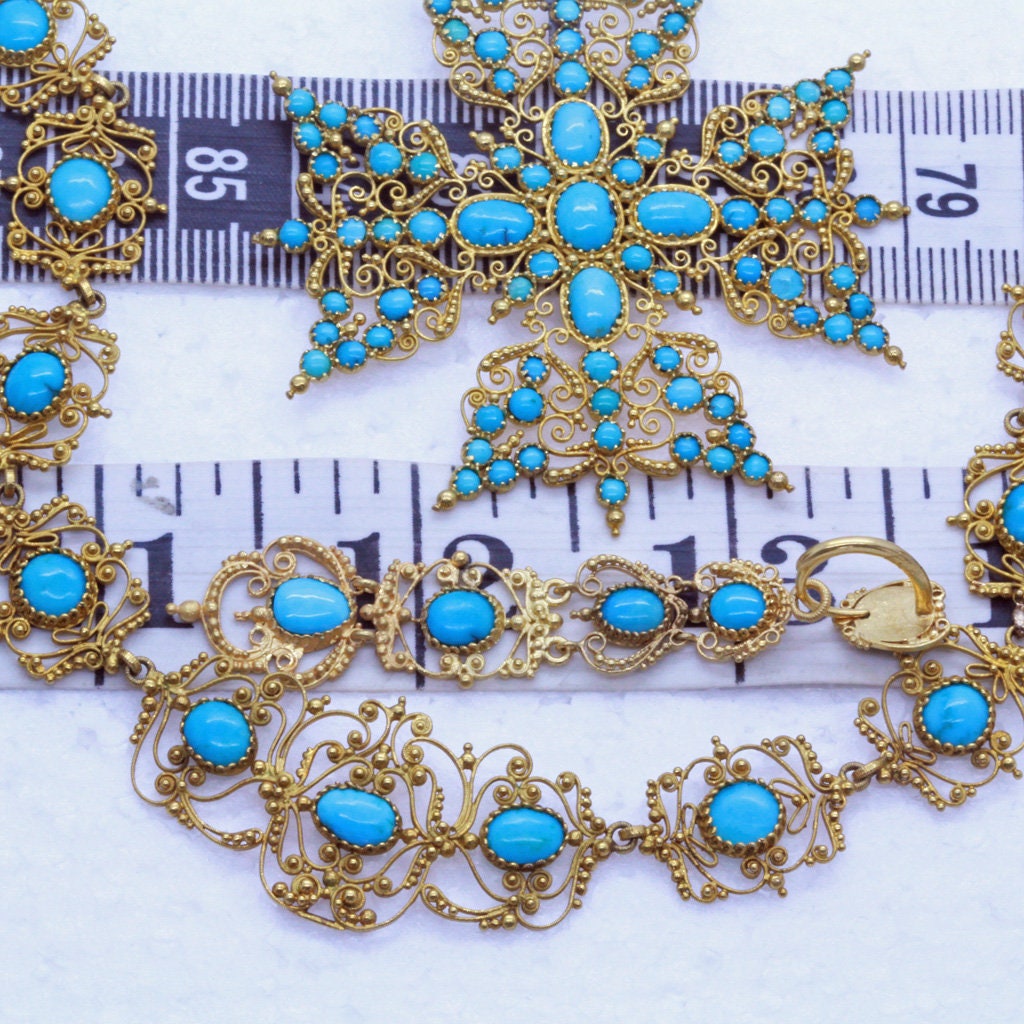 Georgian Set 18k Gold Turquoise Earrings Necklace Bracelets Pendant Brooch (7130)