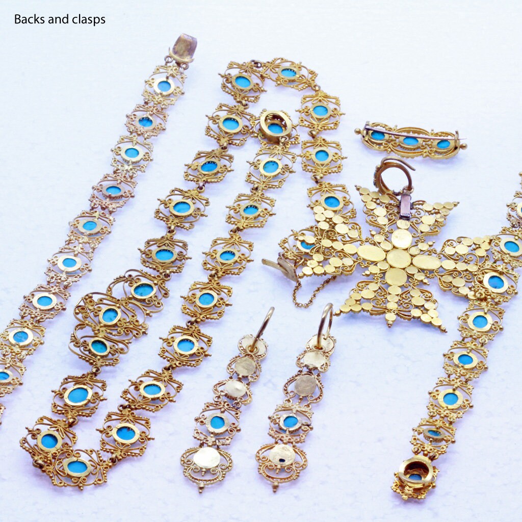 Georgian Set 18k Gold Turquoise Earrings Necklace Bracelets Pendant Brooch (7130)
