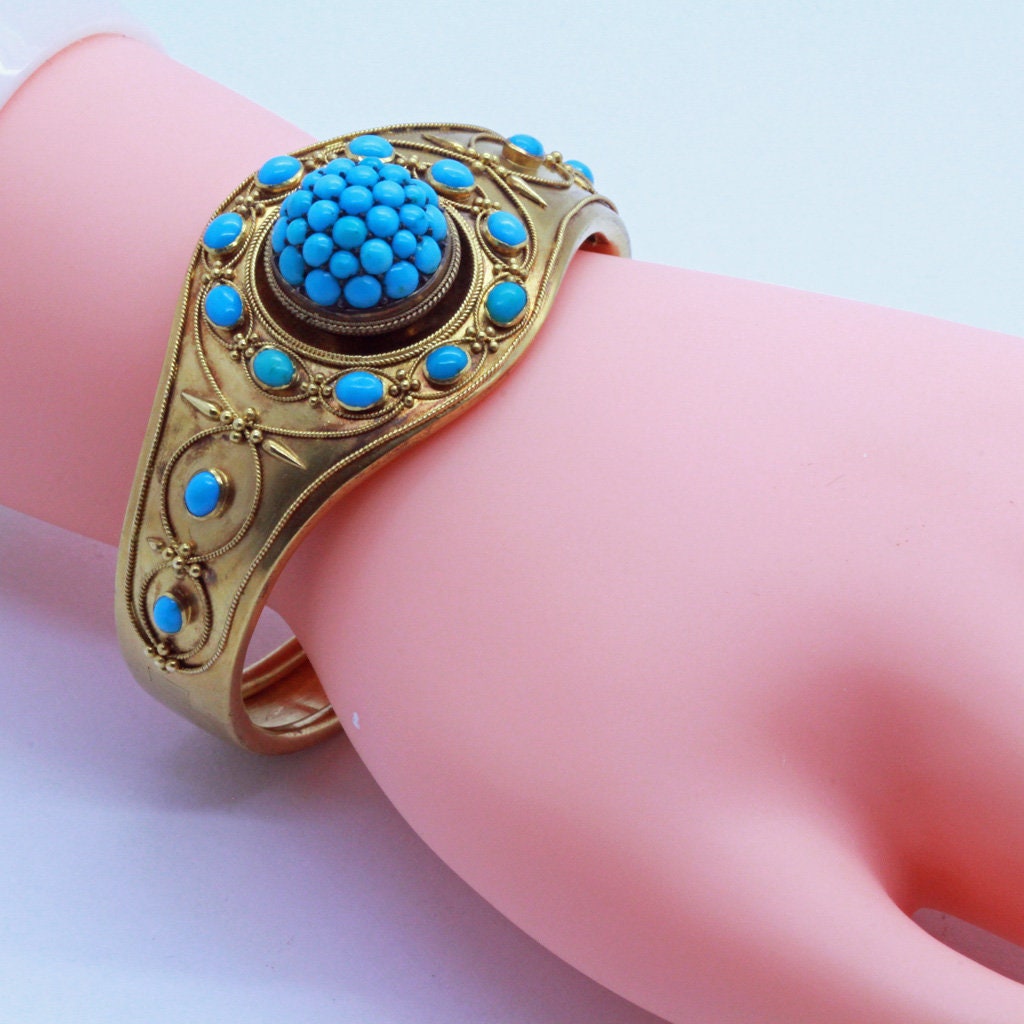 Antique Victorian Bangle Bracelet 15ct Gold Turquoise Etruscan Revival (7156)