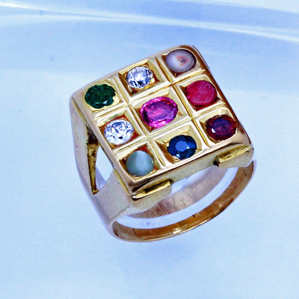 Vintage Navaratna Mans Ring 20k Gold 9 Gems c1940 India Diamond Ruby Amulet(6811)