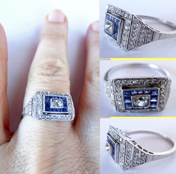 Antique Art Deco Ring Diamonds Sapphires Platinum Engagement w appraisal (5684)
