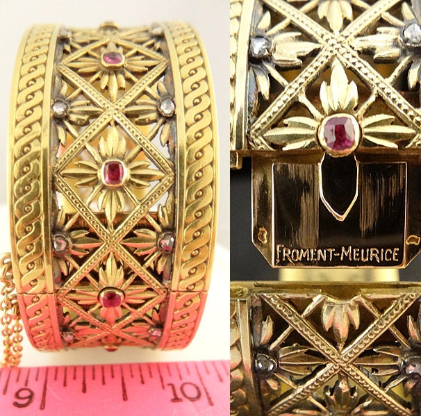 Antique Bangle Cuff Bracelet Gold Rubies Diamonds Froment-Meurice France (5614)