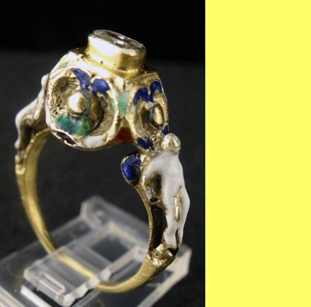 Antique Ring Figural Renaissance Neo Renaissance Gold Diamond Enamel pre Georgian (5612)