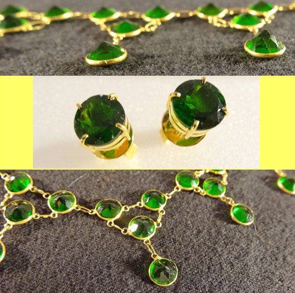 Natural Diopside Green Gem Gold Necklace Earrings Ear Stud Set Modern (5587)