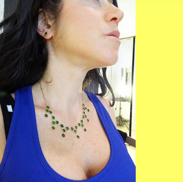 Natural Diopside Green Gem Gold Necklace Earrings Ear Stud Set Modern (5587)