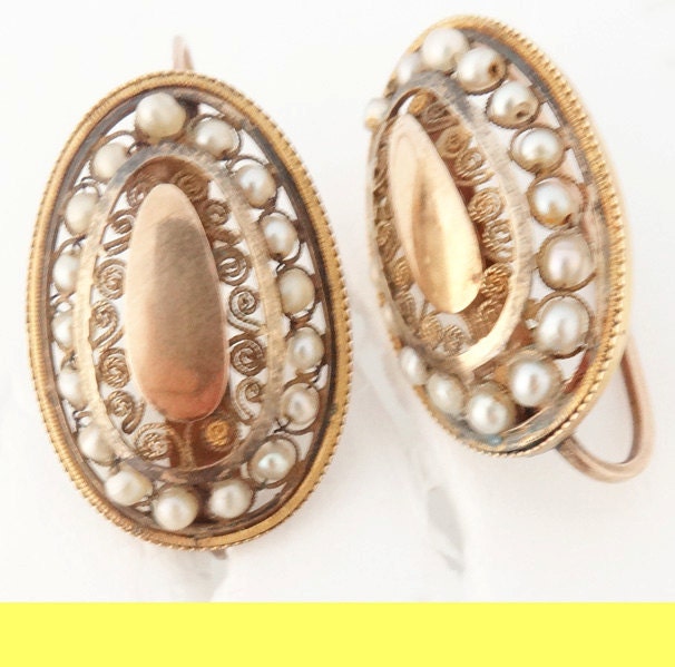 Antique Georgian Napoleon I Imperial Earrings Gold Pearls Cannetille (5619)