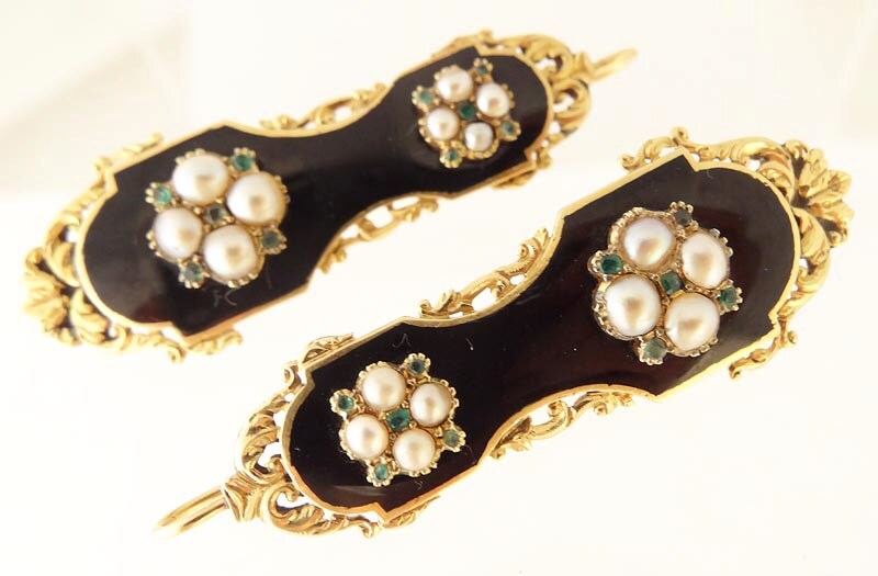 Antique French Earrings Charles X Victorian Gold Pearls Emeralds (5336)