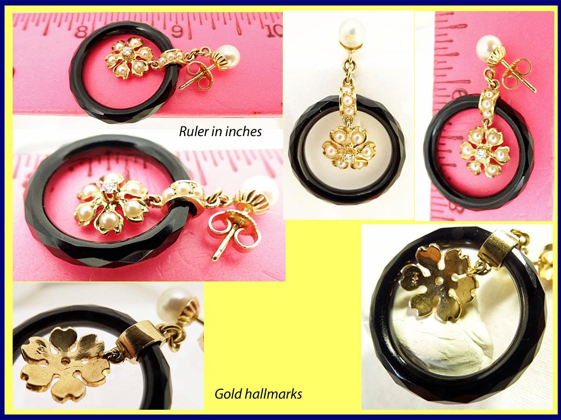 Antique Art Deco Earrings Gold Diamond Pearl Dangling Flowers Onyx Hoops (5191)