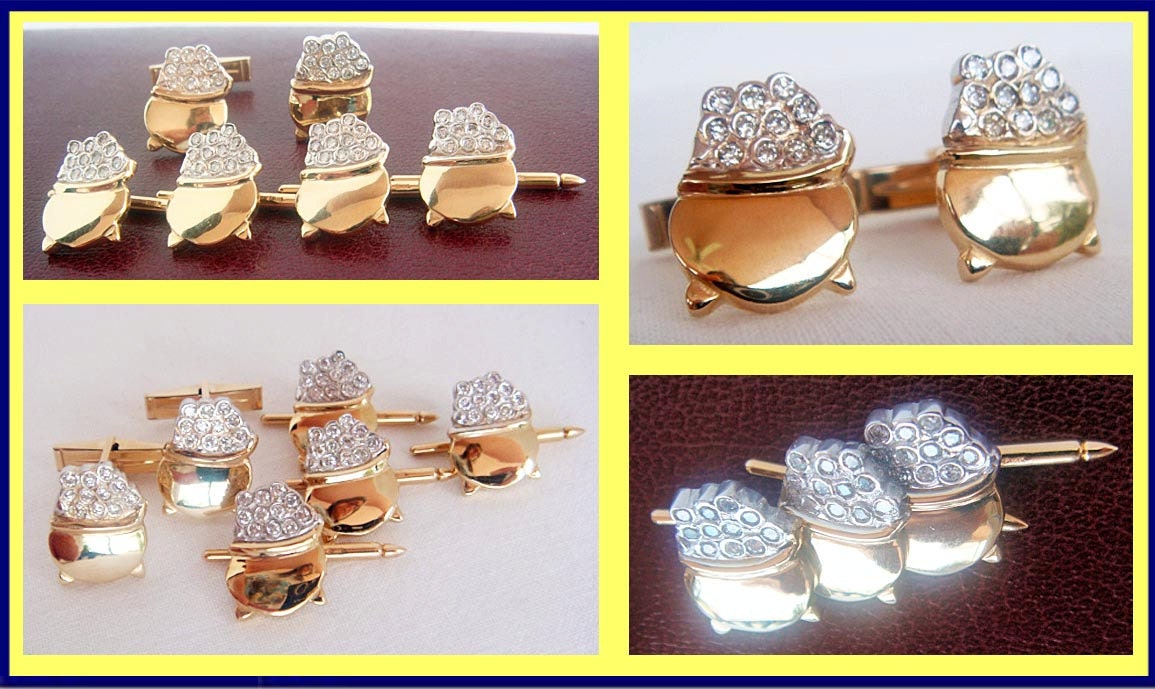 Vintage Retro Cufflinks Buttons Man's Dress Set Diamonds Gold Appraisal (4787)