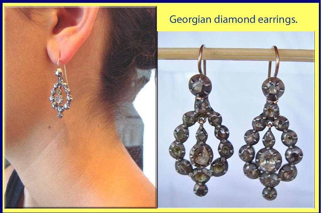Antique Georgian Rose cut Diamond dangle ear pendants (4133)