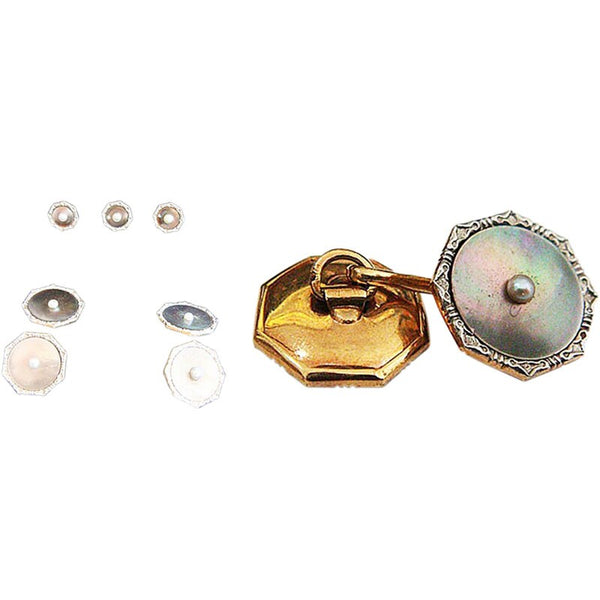 Ensemble De Boutons De Manchette Et Boutons De Chemise Vintage Larter En Or 14k Et Nacre - Style Victorien