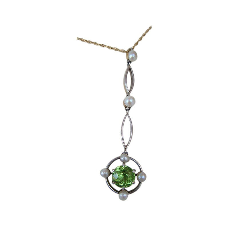 Art Deco Pendant Necklace Peridot Pearl Platinum & Gold (#4372)