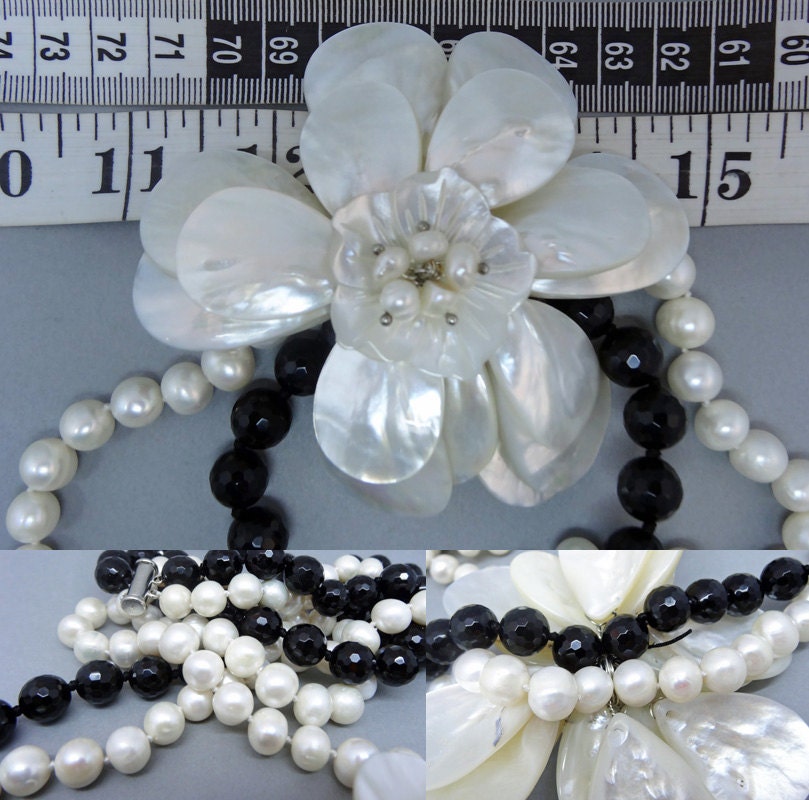 Vintage long double Necklace Pearls Onyx Mother of Pearl Flower Statement (5878)