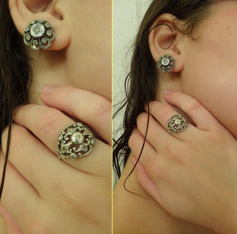 Antique Ring Earrings Set Diamonds Gold Silver Portuguese w Appraisal (5844)