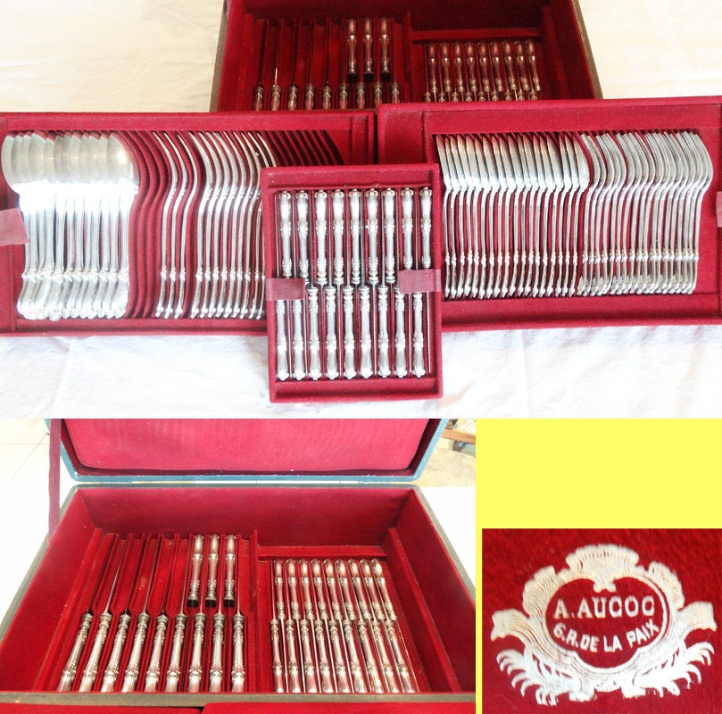 Antique Aucoc Flatware 108 Pc Sterling Silver Knives Forks Spoons Chest (5869)