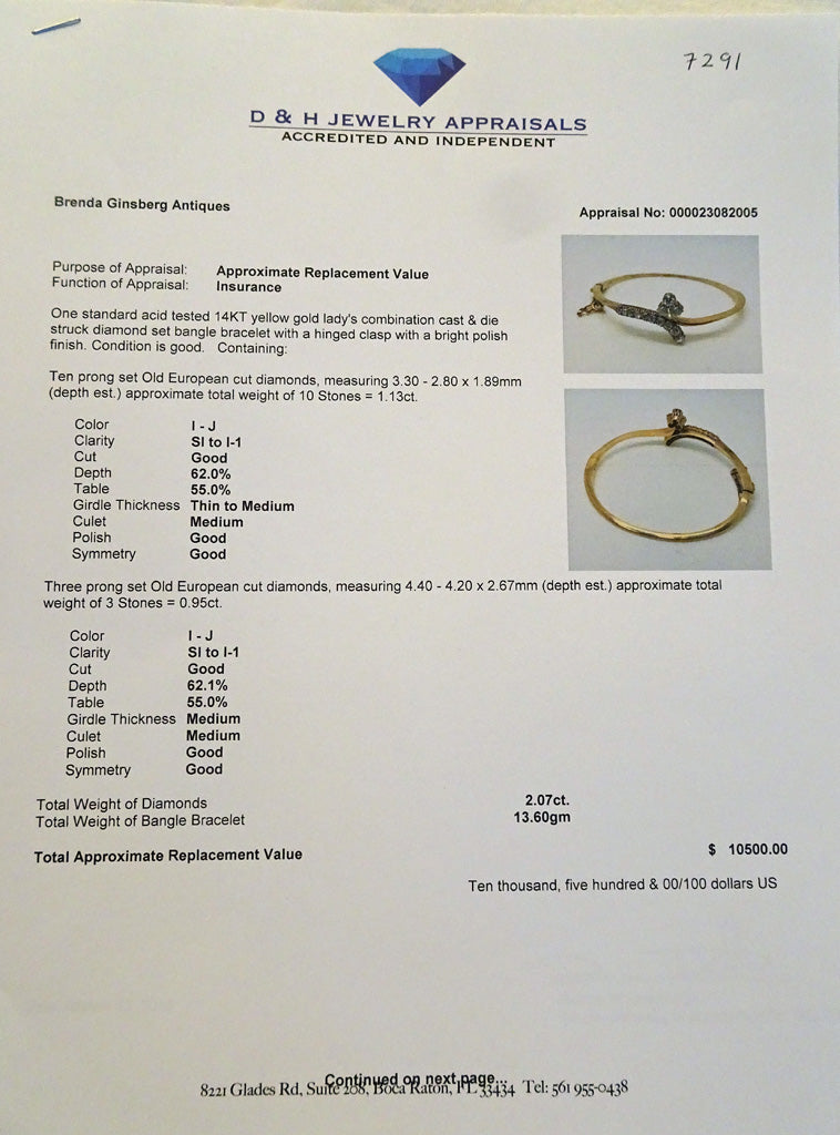 Antique Bangle Bracelet gold OEC diamonds lucky clover Certificate (7291)