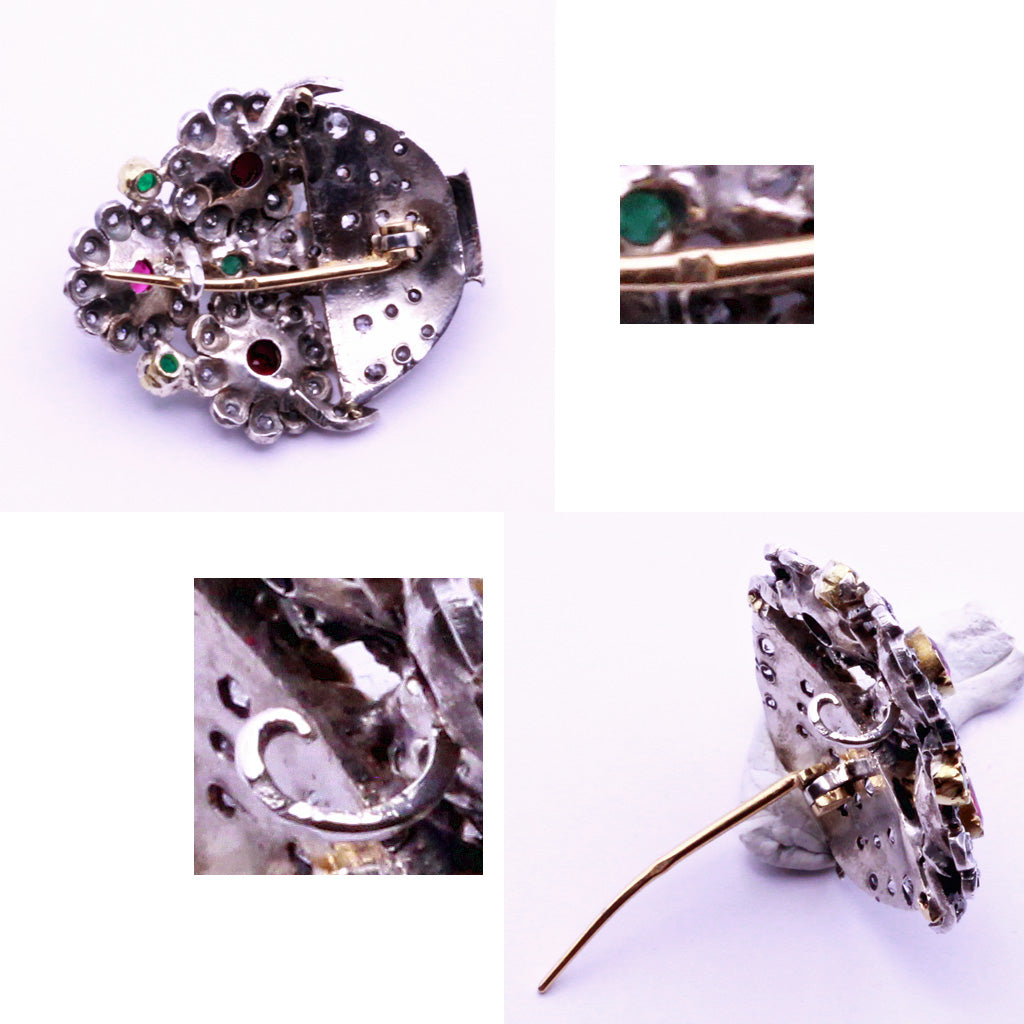 Antique Giardinetti brooch Diamonds Rubies Emeralds 18k Gold Silver (7224)