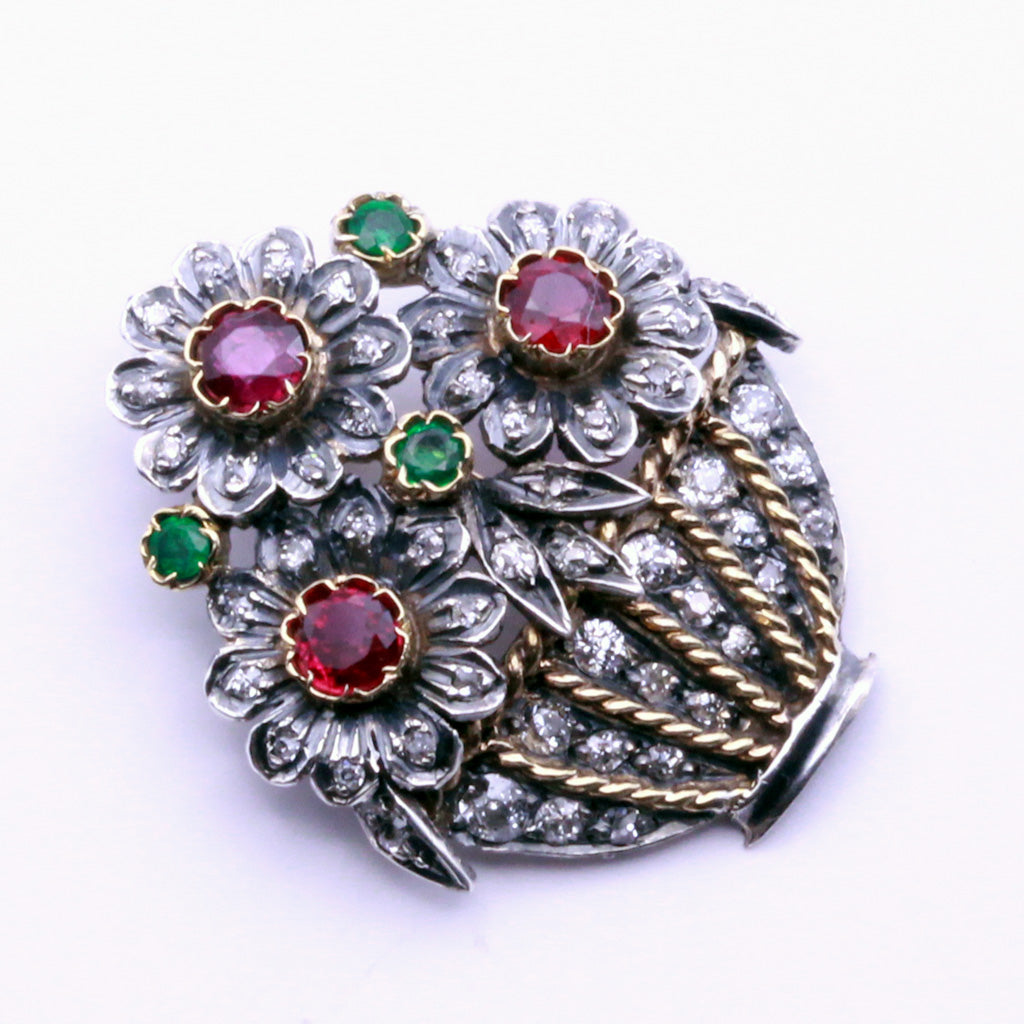Antique Giardinetti brooch Diamonds Rubies Emeralds 18k Gold Silver (7224)