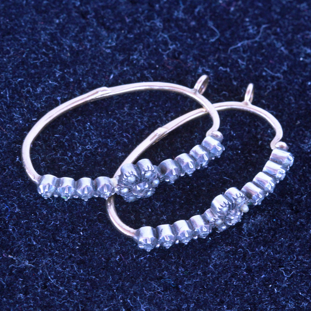 Antique Georgian Poissarde Hoop Earrings Gold Silver Diamonds Pearls 18C (7223)