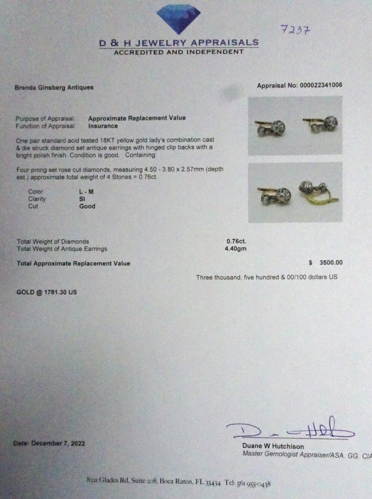 Antique Earrings 18k gold diamonds French dormeuse sleepers versatile (7237)