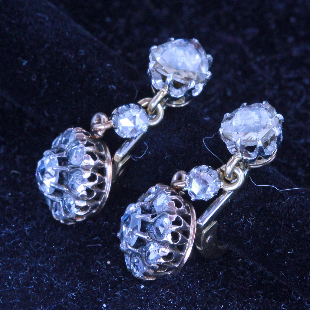 Antique Earrings 18k gold diamonds French dormeuse sleepers floral drops (7238)