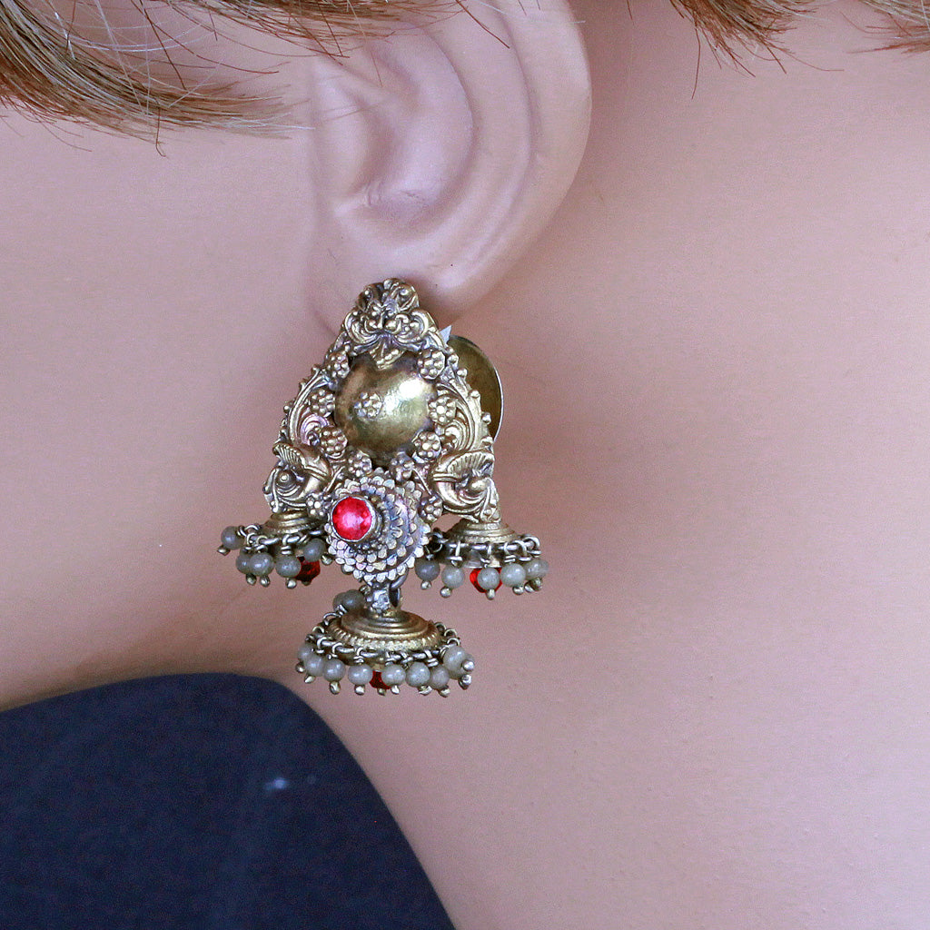 Antique Vintage earrings gold glass South India parrots lion masks jumkha (7244)