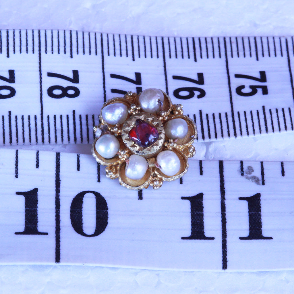 Antique Earrings gold rubies pearls flower South Indian fine granulation (7254)