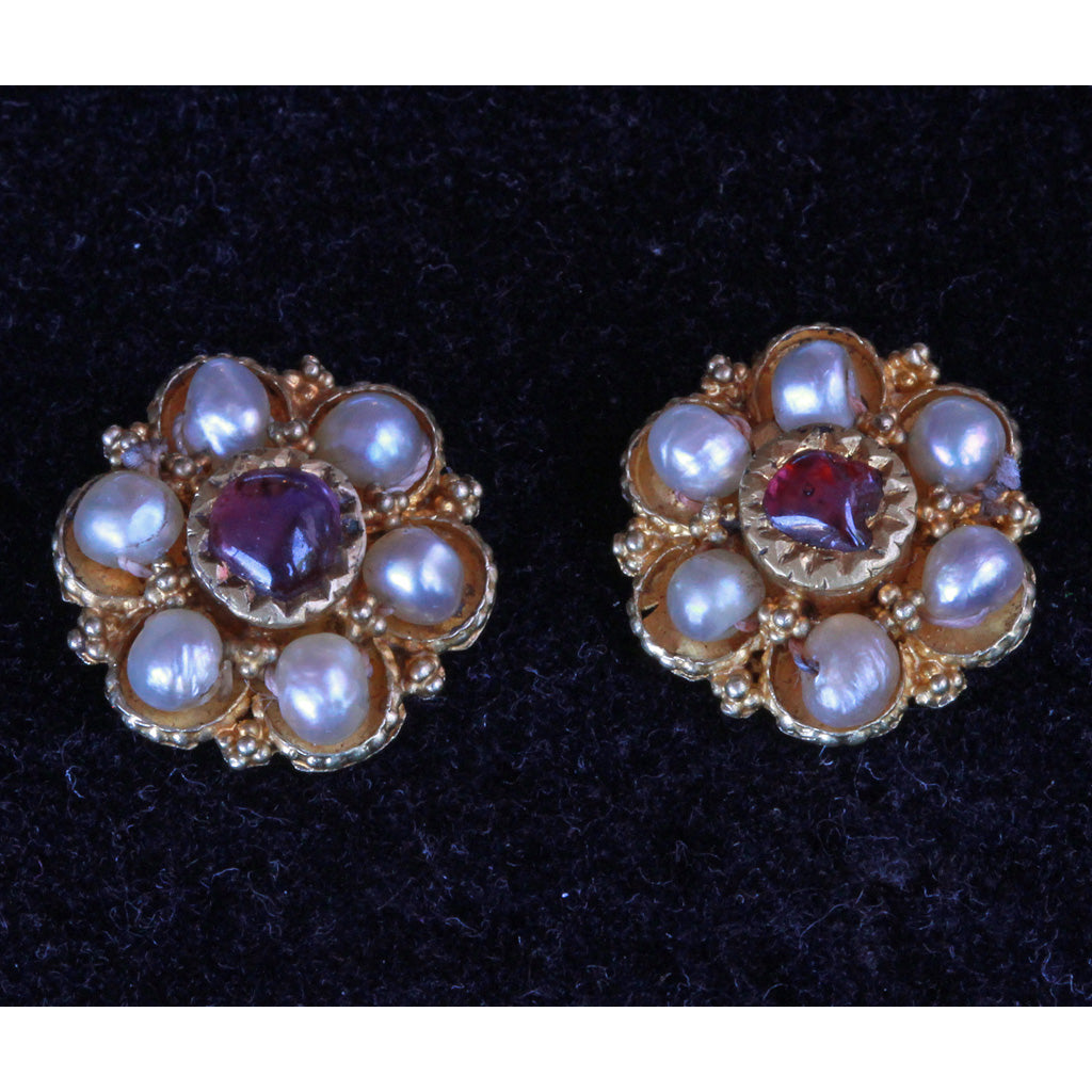 Antique Earrings gold rubies pearls flower South Indian fine granulation (7254)