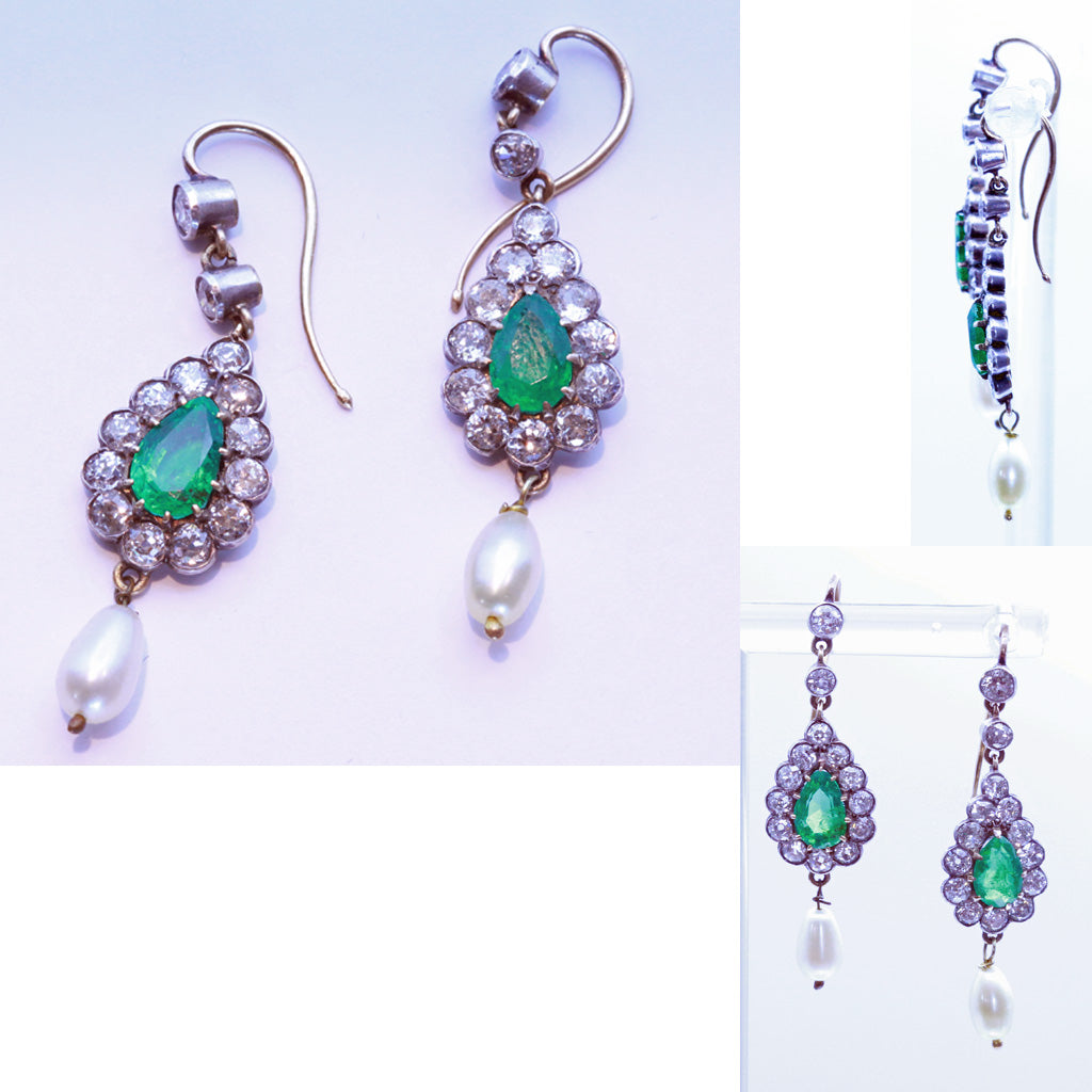 Antique vintage earrings emeralds diamonds pearls gold Ear Pendants (7255)