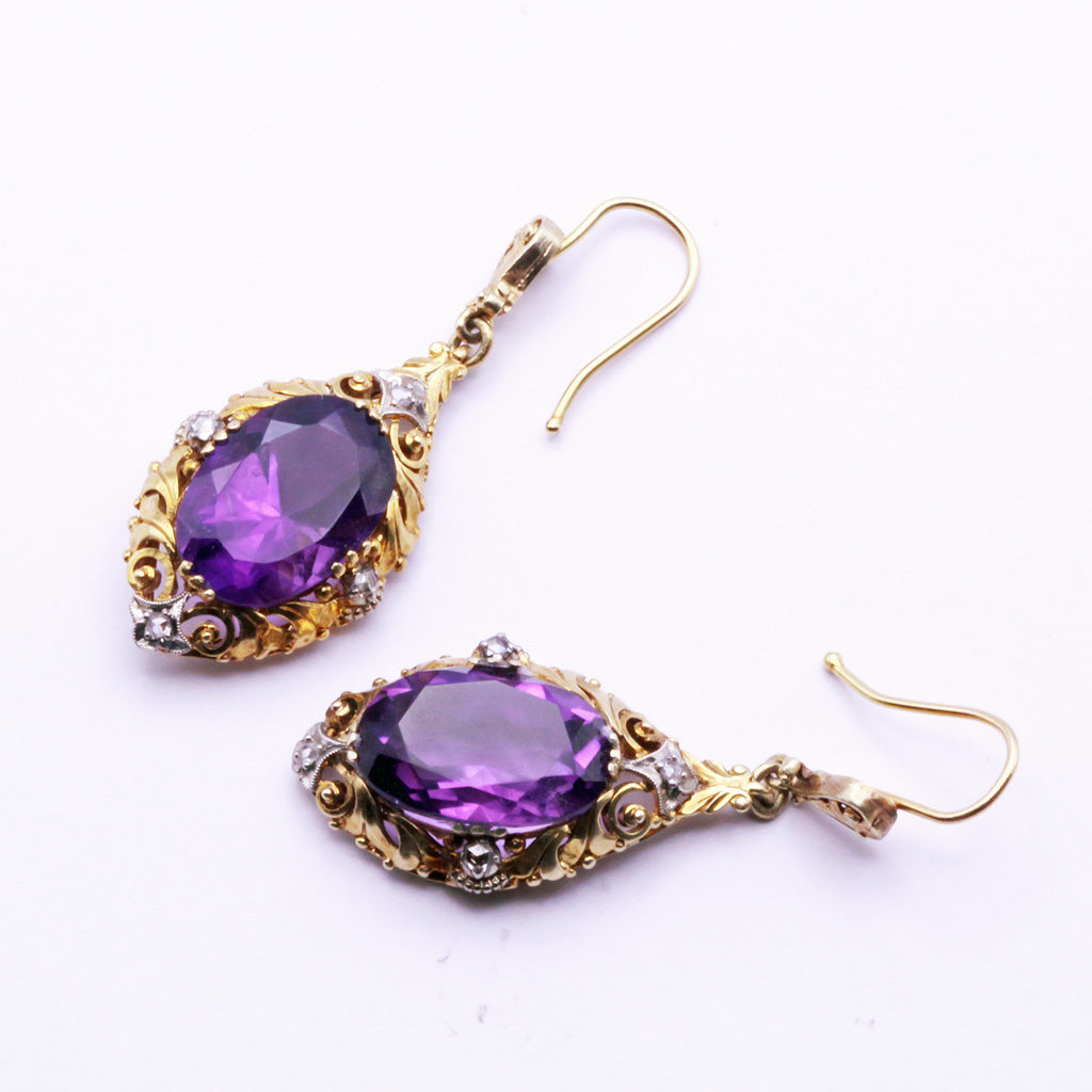 Antique Victorian earrings ear pendants gold amethysts diamonds English (7280)