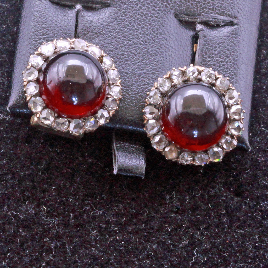 Antique Victorian earrings 18k gold diamonds garnet cabochons English (7286)