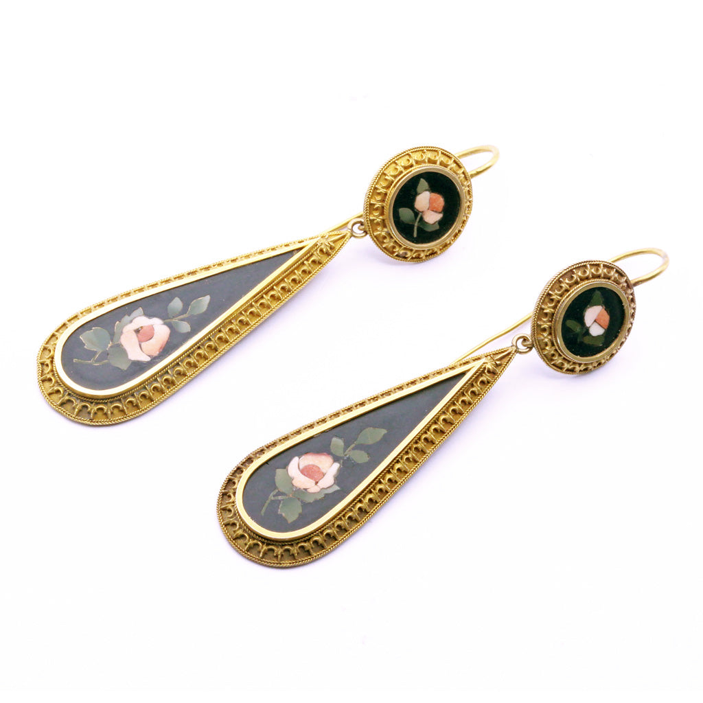 Antique Victorian Neo-Classic Earrings Gold Pietra Dura Florentine Mosaics (7294)