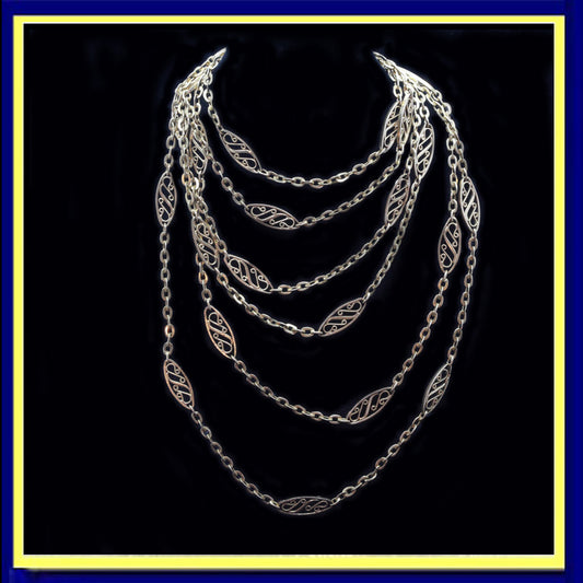 Antique Art Nouveau long gold chain necklace filigree
