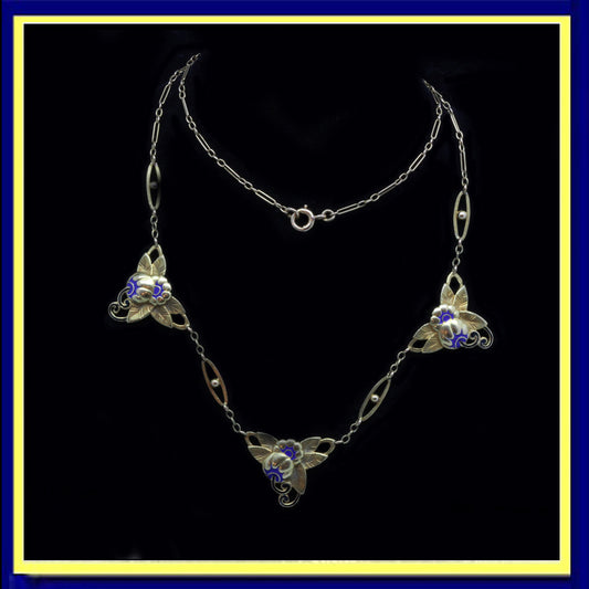 Antique Art Deco Necklace collier draperie gold enamel
