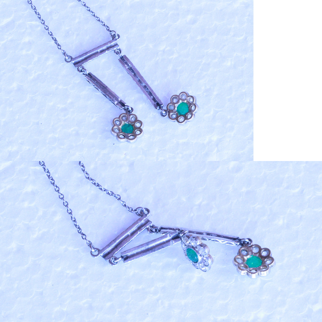 Antique Edwardian negligee necklace 18k gold platinum emeralds diamonds (7266)