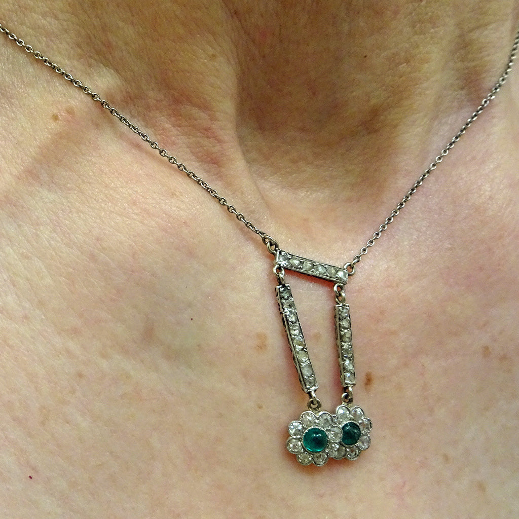 Antique Edwardian negligee necklace 18k gold platinum emeralds diamonds (7266)