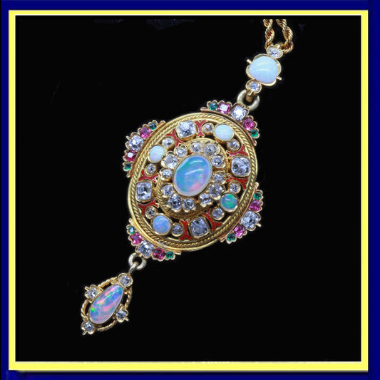 Antique Holbeinesque pendant gold diamonds opals gems enamel Victorian