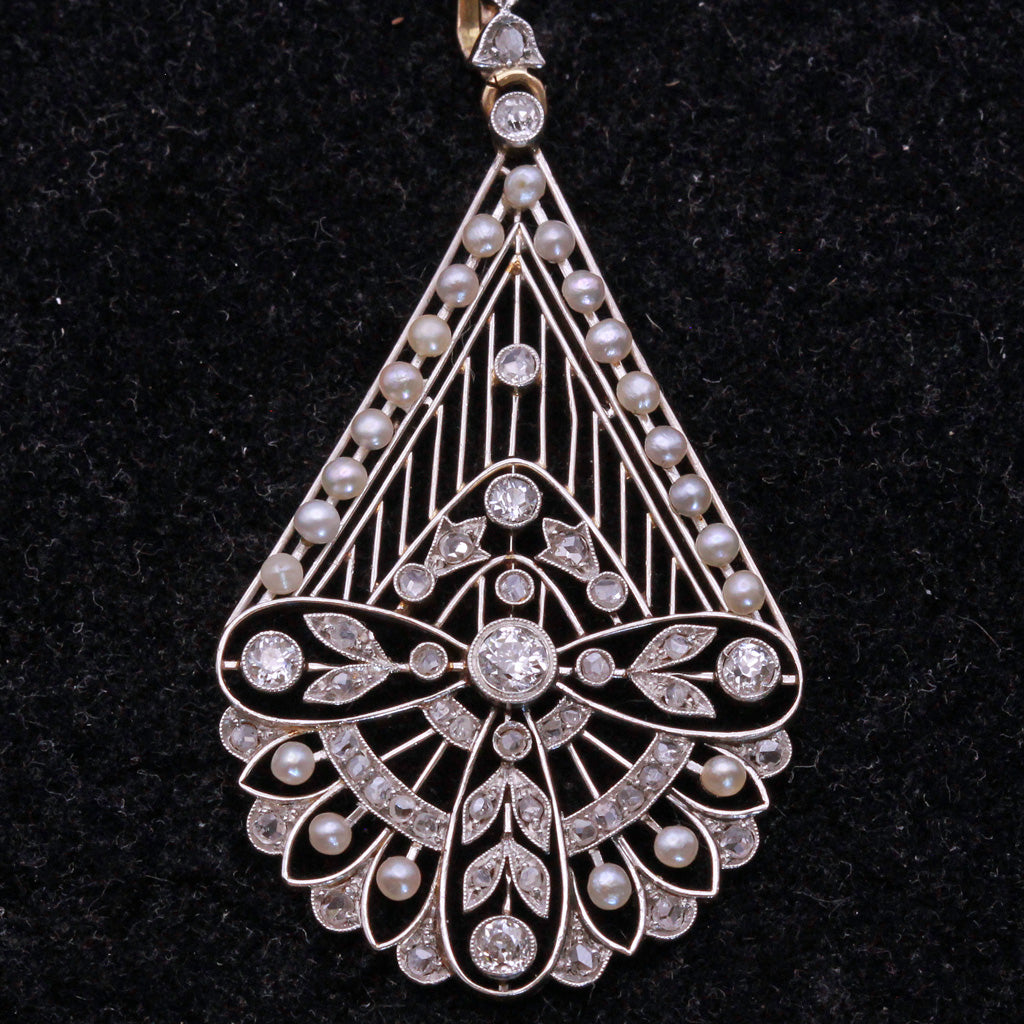 Antique Edwardian Pendant Platinum Gold Diamonds Pearls Europe Bridal (7194)