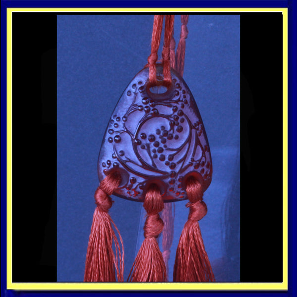 Rene Lalique Pendant Necklace Red-Orange Glass, Silk Cords