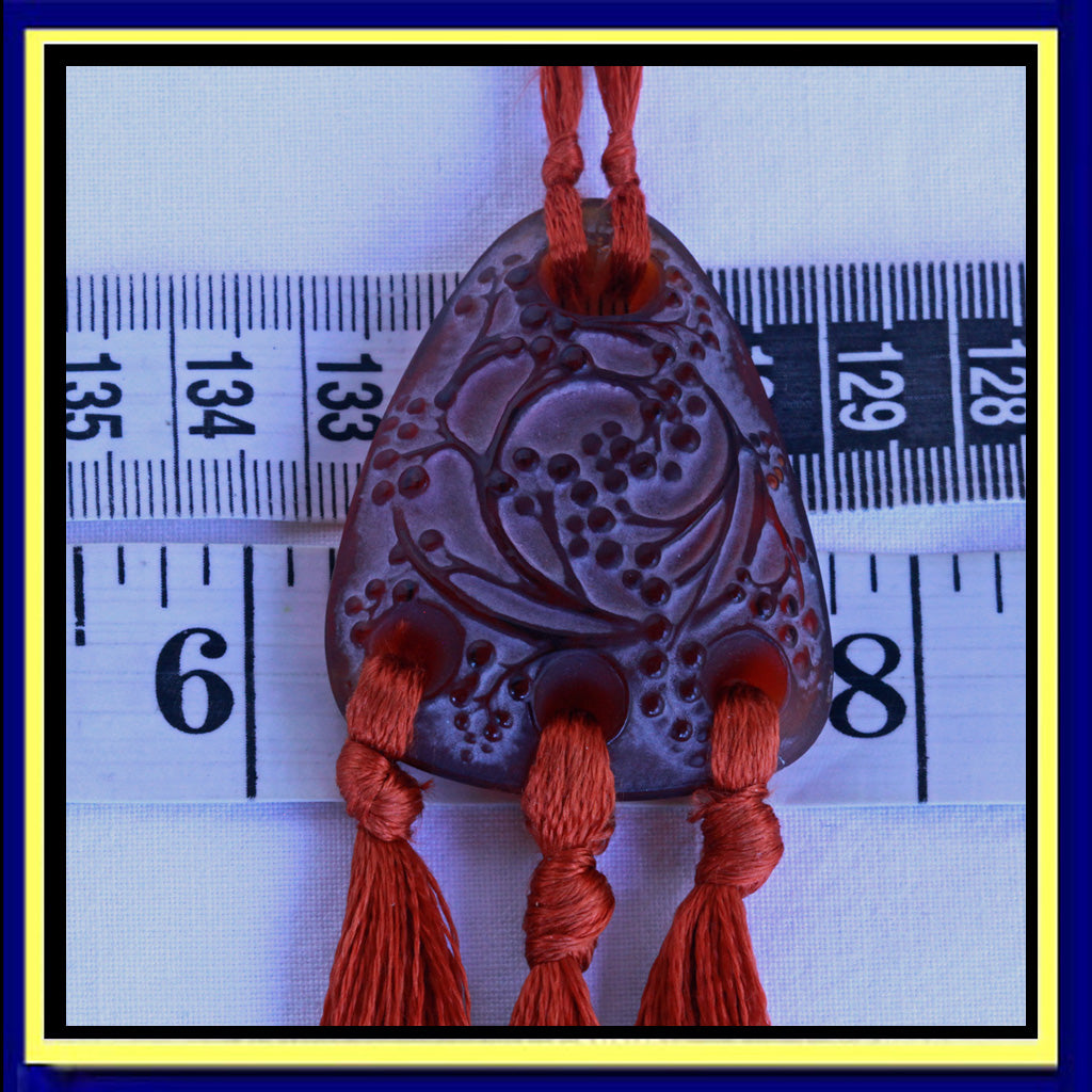 Antique Rene Lalique Pendant Rare Red Orange Glass Original silk Cords (7214)