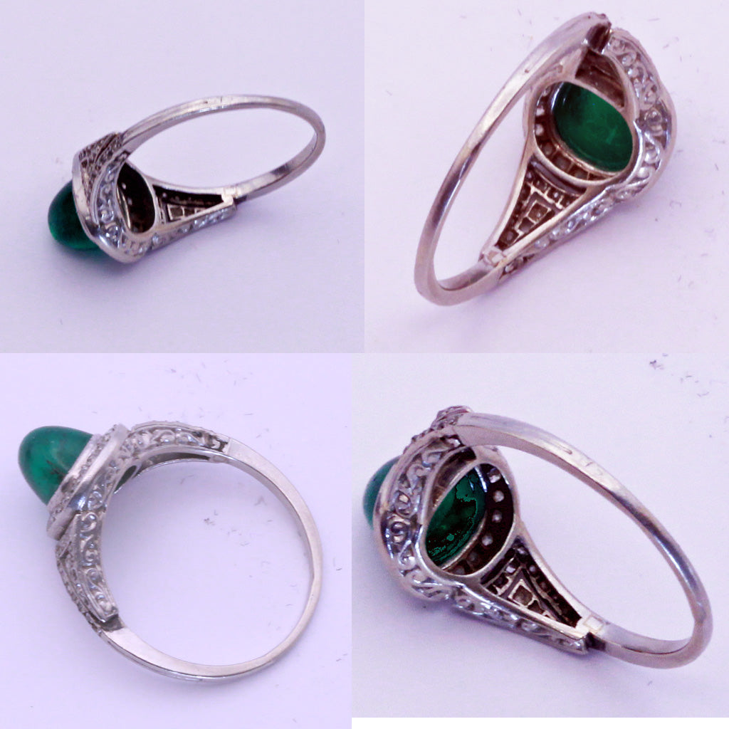 Antique Art Deco Ring Sugarloaf Emerald Diamonds Platinum French Certified (7229)